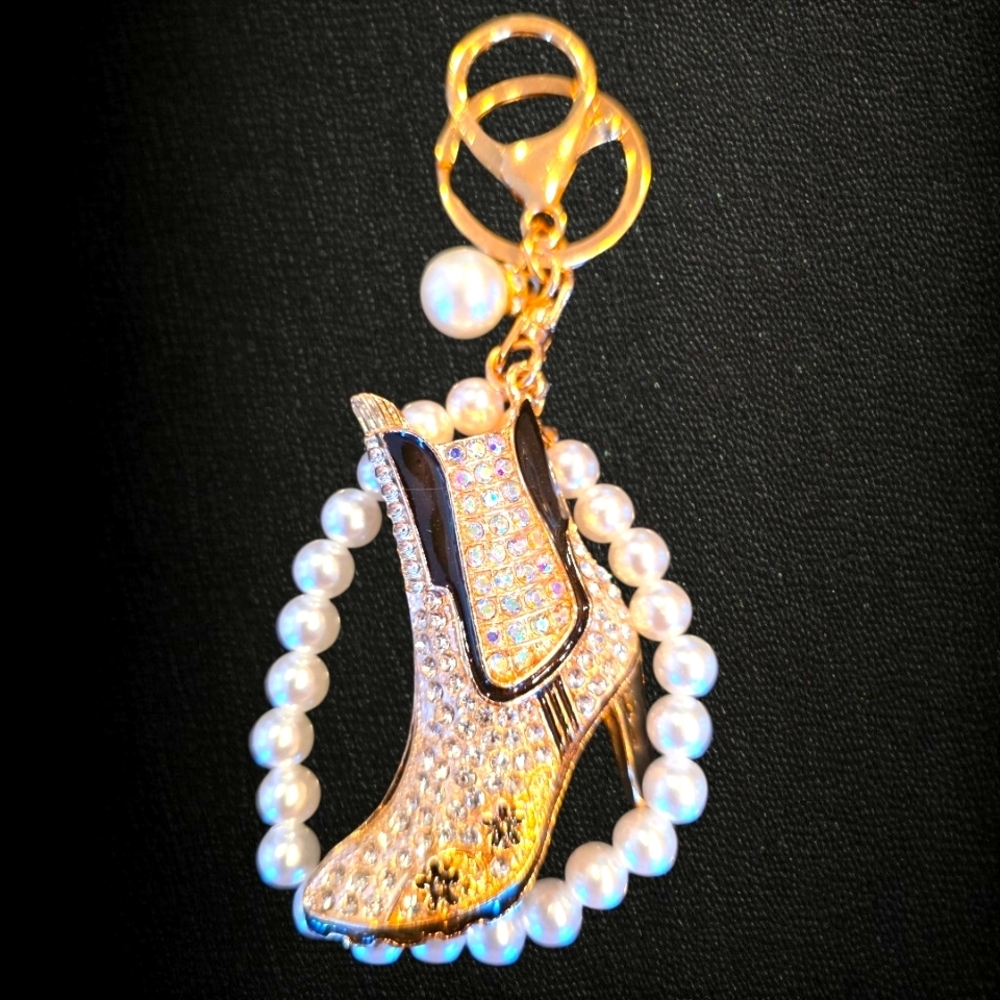 Stylish Gold and Black Rhinestone Cowboy Boot Charm with Pearl and Gold Accents - Picture 4 of 4